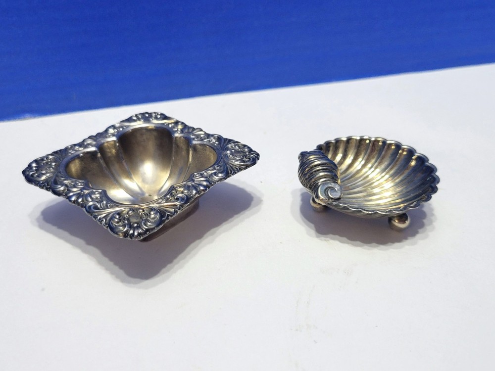 Antique Silverplated Salt Cellars Square and Shell Shaped Pair