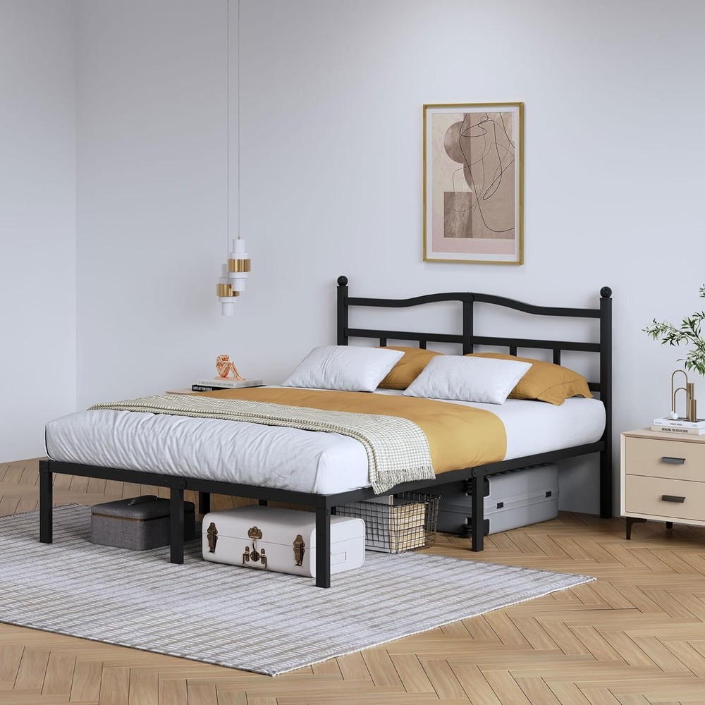 14 Inch Metal Bed Frame Full Size Heavy Duty Bedframe W/ Headboard Black Basic