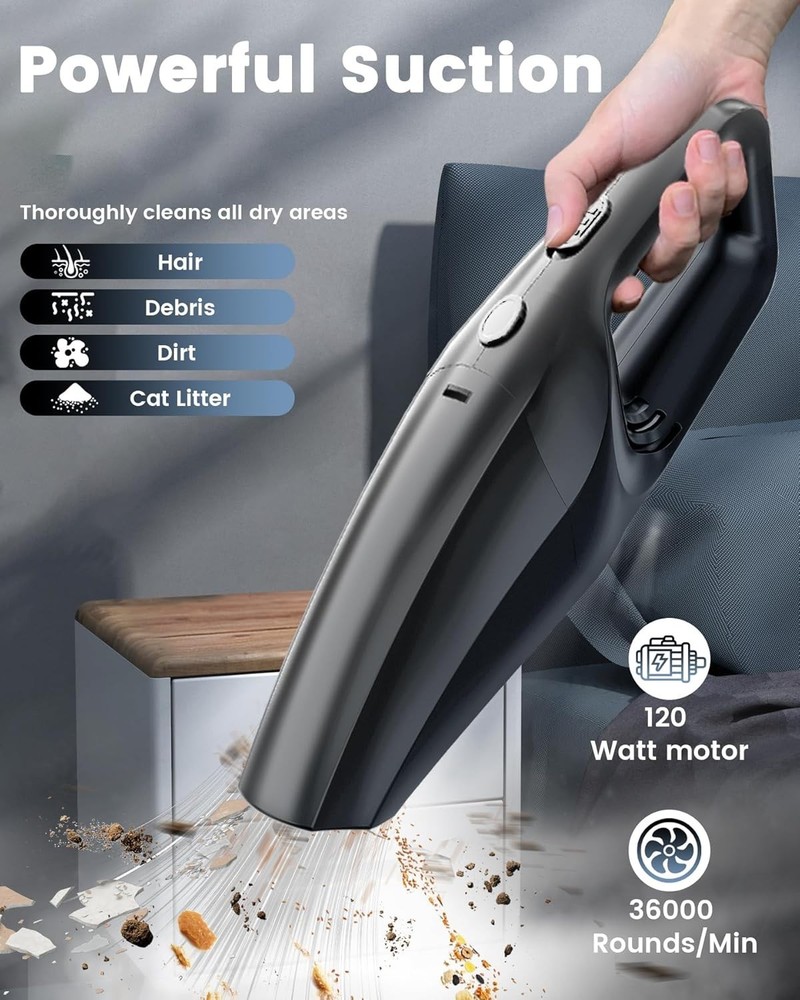 Lightweight Rechargeable Handheld Vacuum - Includes Crevice Tool & Dusting Brush
