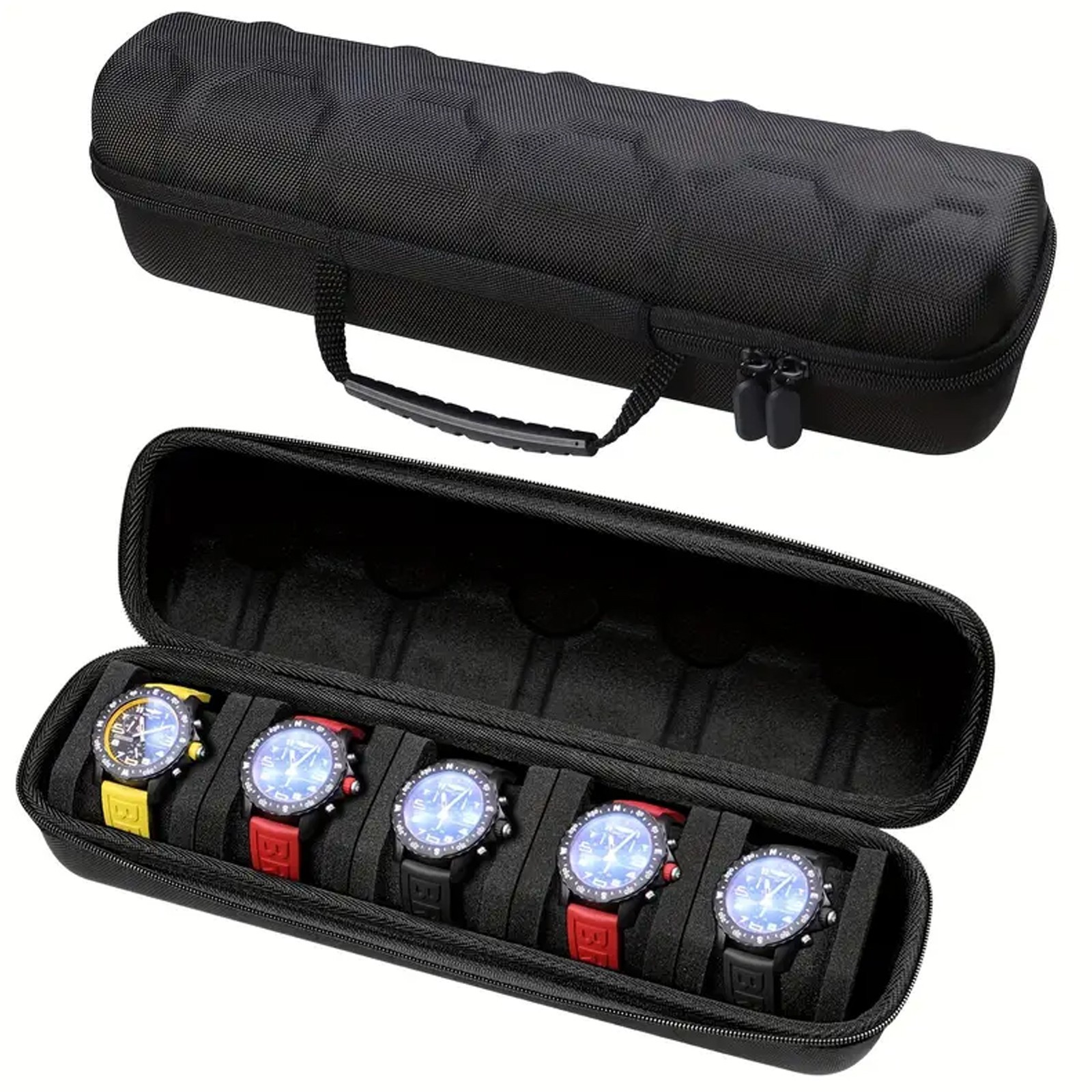 5-Compartment Portable Watch box - With Handle, Flip-Top Lid, and Soft Lining