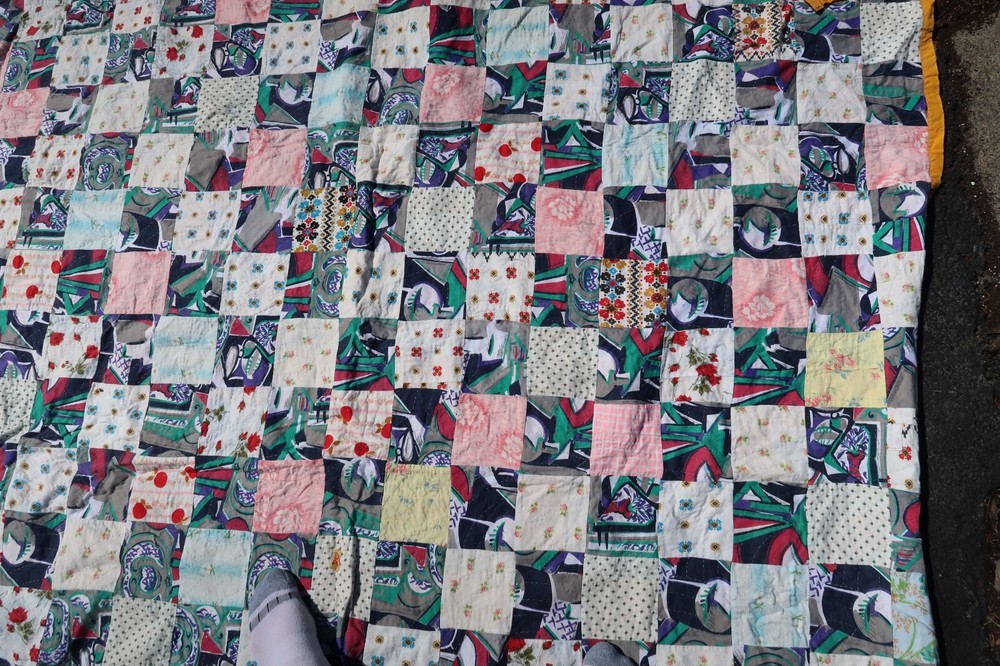 Vtg Patchwork Pattern King Quilt Measures 74x85" 2 Sided Unique Beautiful Rare
