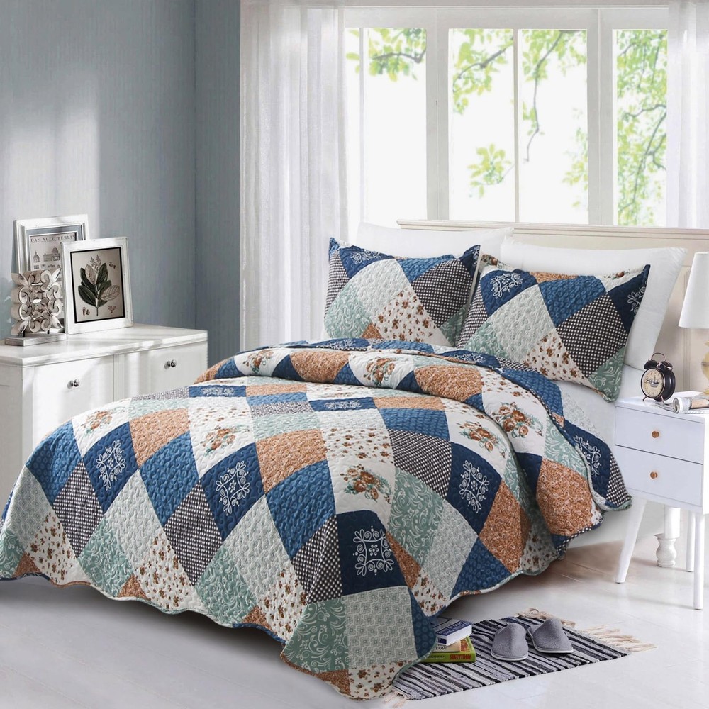 Dinjoy Reversible Patchwork Quilt Bedding Set Queen Size Blue Queen,