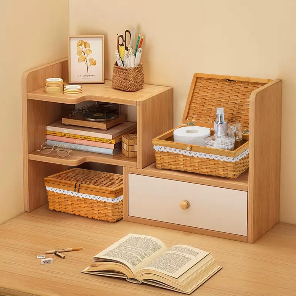 2 Pack Storage Basket with Lid, Handwoven Rectangular Storage Organizer for S...