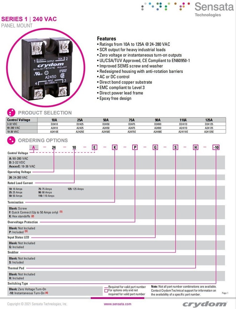 Crydom Solid State Relay A2425 90-280 VAC 25A AC or DC Control