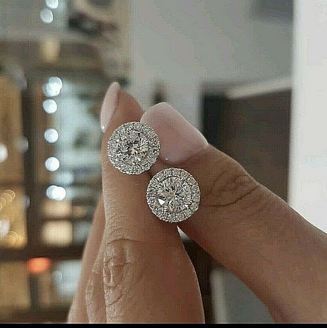 4 Ct Halo Round Cut VVS/D Lab Created Stud Earrings 14K White Gold Push Back 8mm