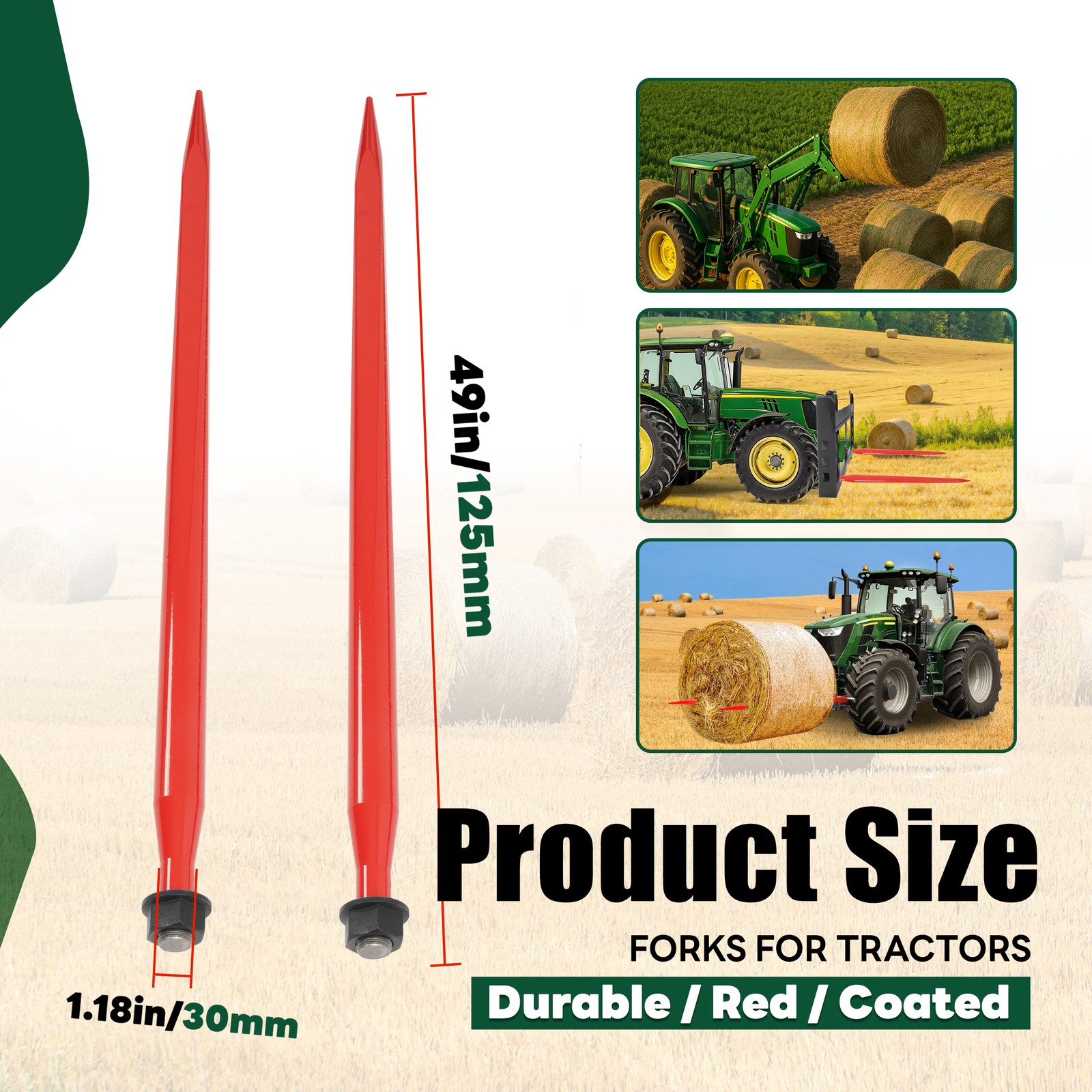 2Pcs Hay Bale Spear 49" 4500 lbs Quick Attach Spike Fork for Tractors Loaders