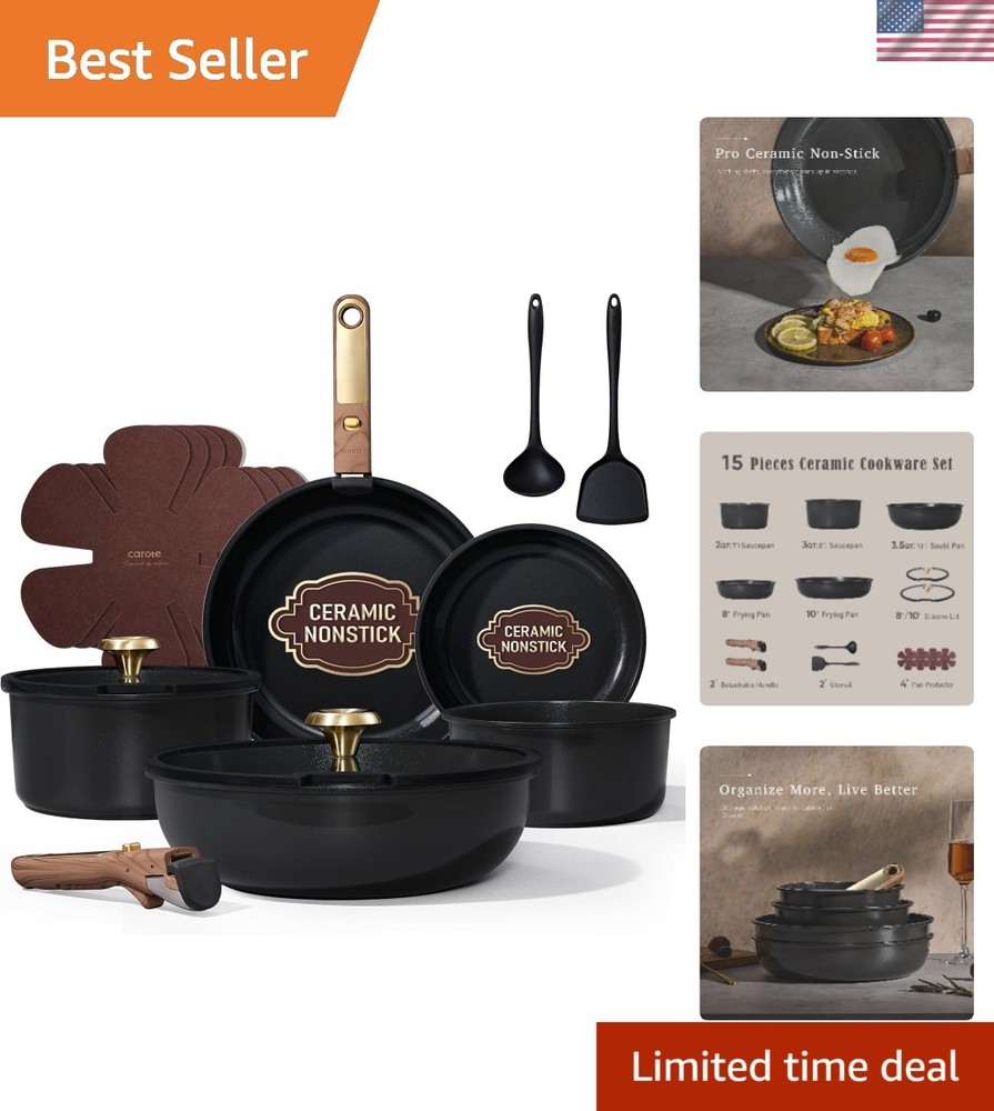 15Pcs Ceramic Cookware Set, Pots and Pans Set Non stick, Kitchen Cooking Set ...