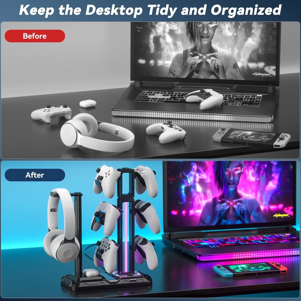 RGB Multi-Controller Holder with 9 Light Modes Rotatable Headphone Hanger Stand