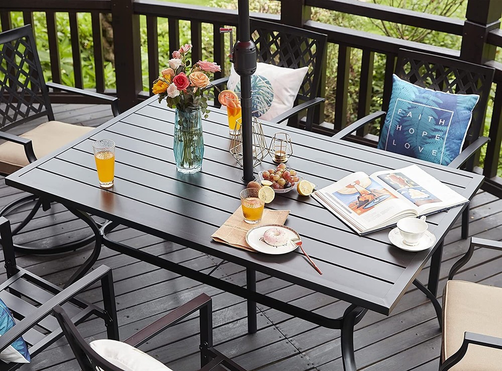 60" Outdoor Dining Table Metal Rectangular Patio Dining Table with Umbrella Hole