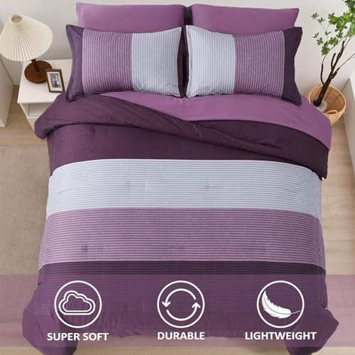 Comforter Set Reversible Striped Patchwork Alternative Comforte Queen Purple