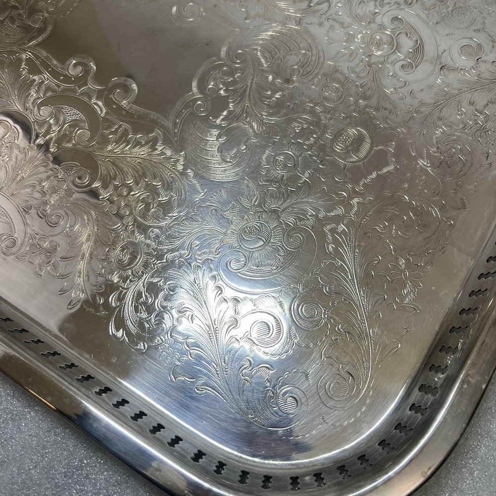 Vtg Silver Plated Gallery Serving Tray 16x12” Rectangular Chased Bottom England