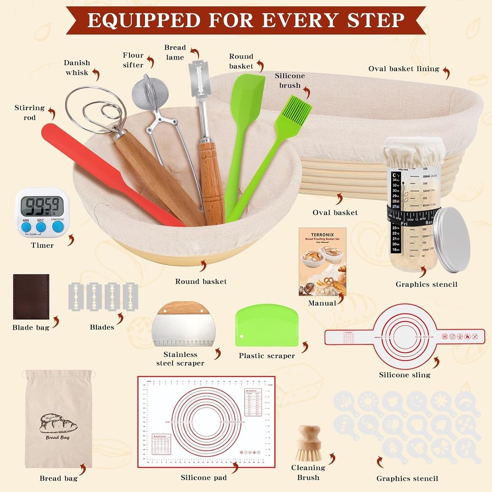 Complete Sourdough Starter Kit 10" Oval & 9" Round Banneton Bread Proofing