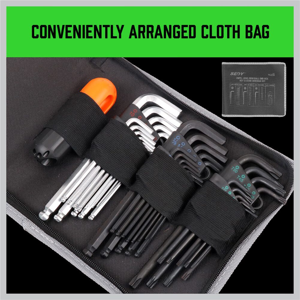 36PC Hex Key Allen Wrench Set Ball End Long Arm Industrial Grade SAE Metric Star