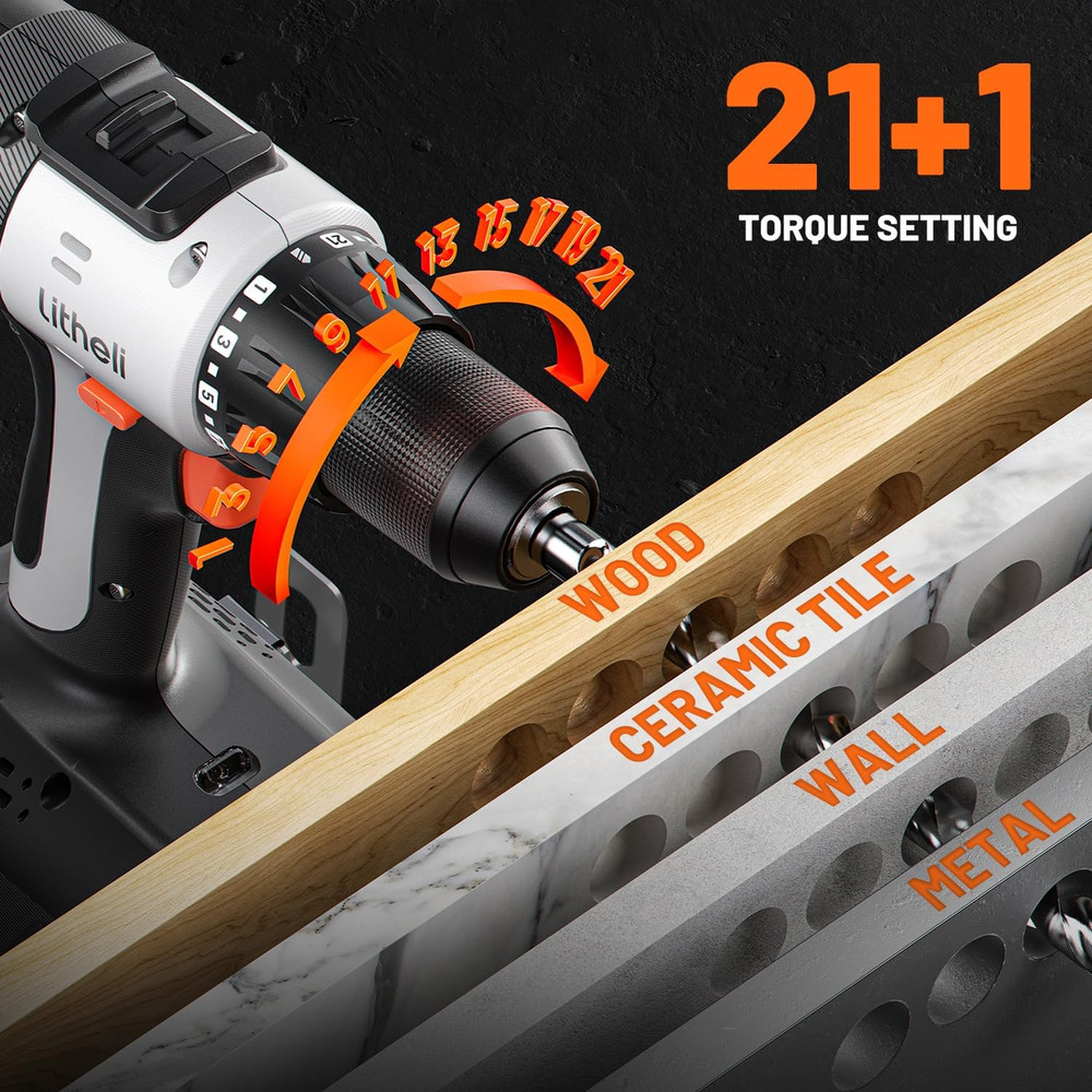 Cordless Drill Driver, Electric Power Drill with 2 Variable Speed Settings, 1/2