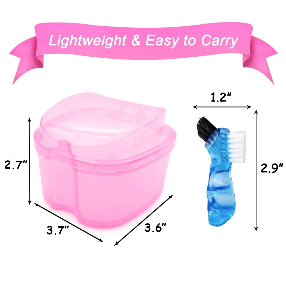 Denture Bath Case Soaking Cup with Brush, Holder Light Pink