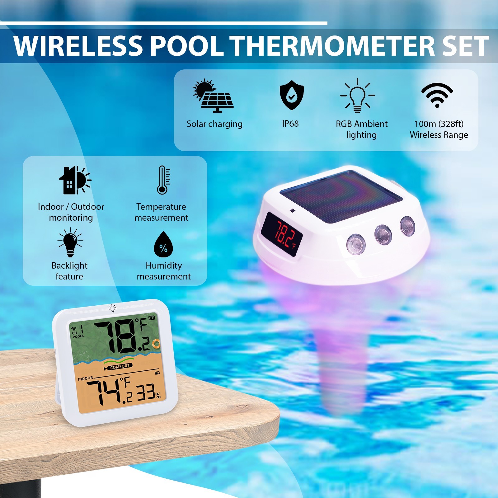 ILTH-518 Solar Wireless Pool Thermometer RGB IP68 Floating with Receiver