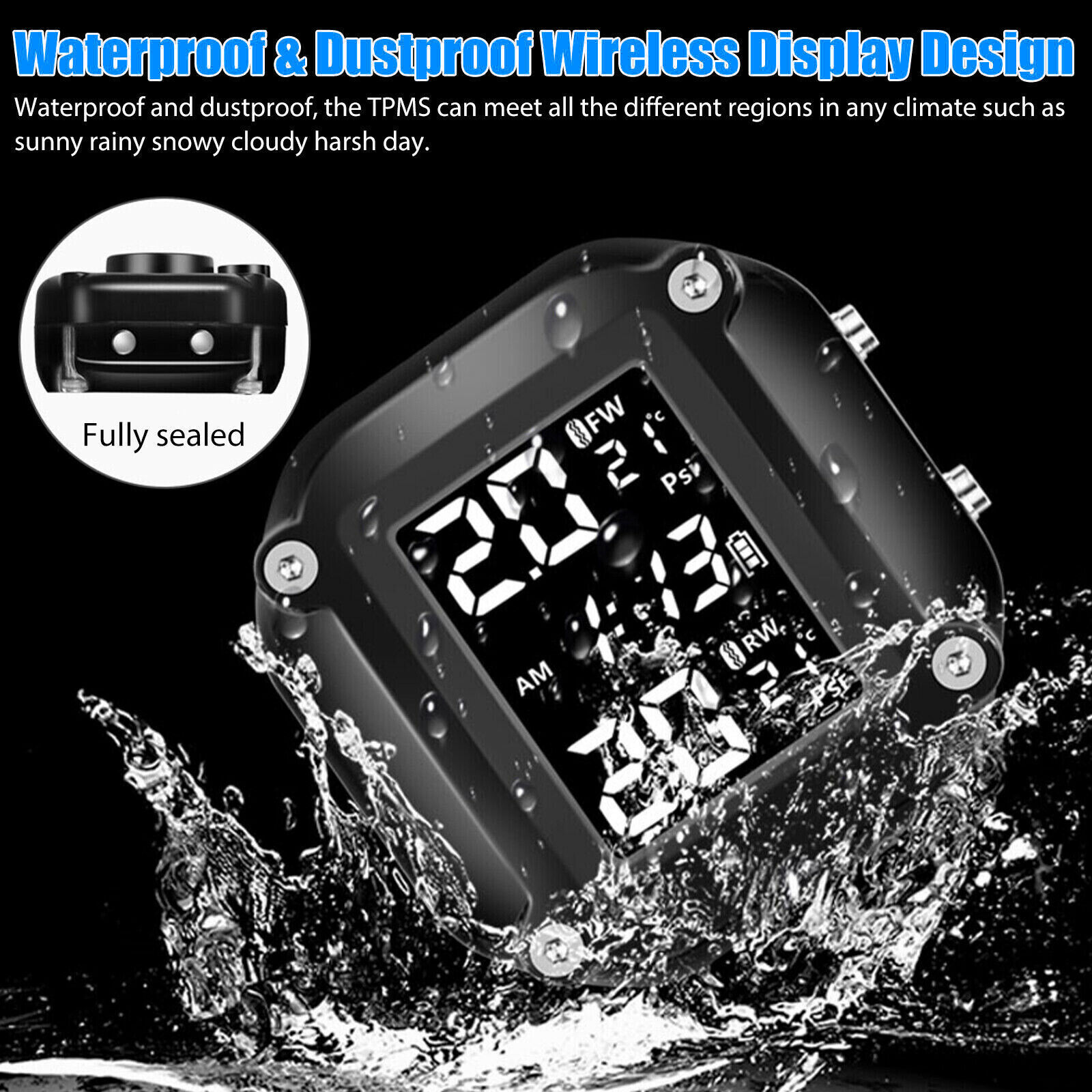 Wireless Motorcycle TPMS Tire Tyre Pressure Monitor System + 2 External Sensors