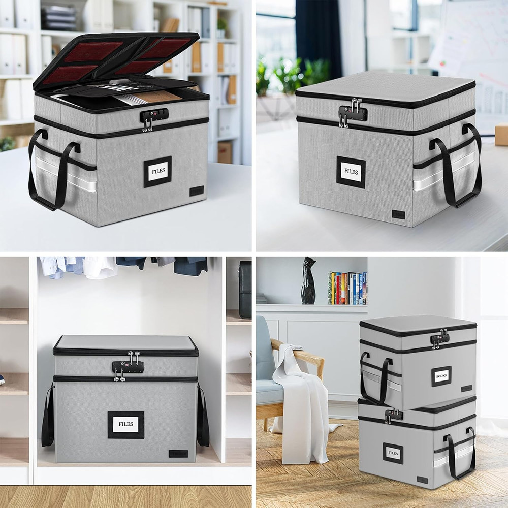 Fireproof Document Box with Lock, 2-Layer File Box Storage Organizer with 5 Tabs