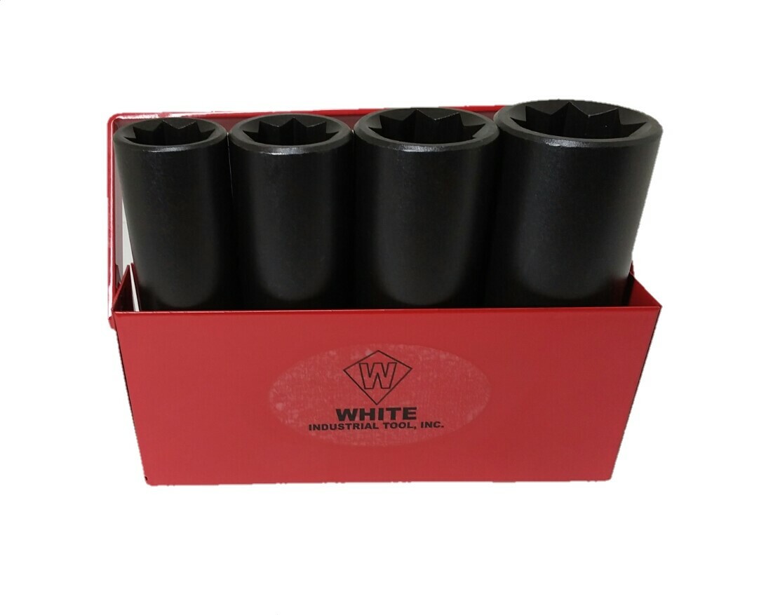 White USA Lineman 8 point socket set 1/2" drive sizes 3/4,13/16, 1, 1-1/8 5"long