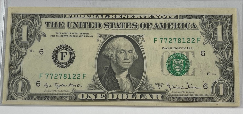 Error Currency  1977A $1 FRN AU (#2376) Full reverse offset printing. Nice bold