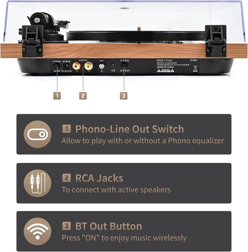 Turntable Vinyl Record Player Support Bluetooth Output Phono/Line Switch Brown