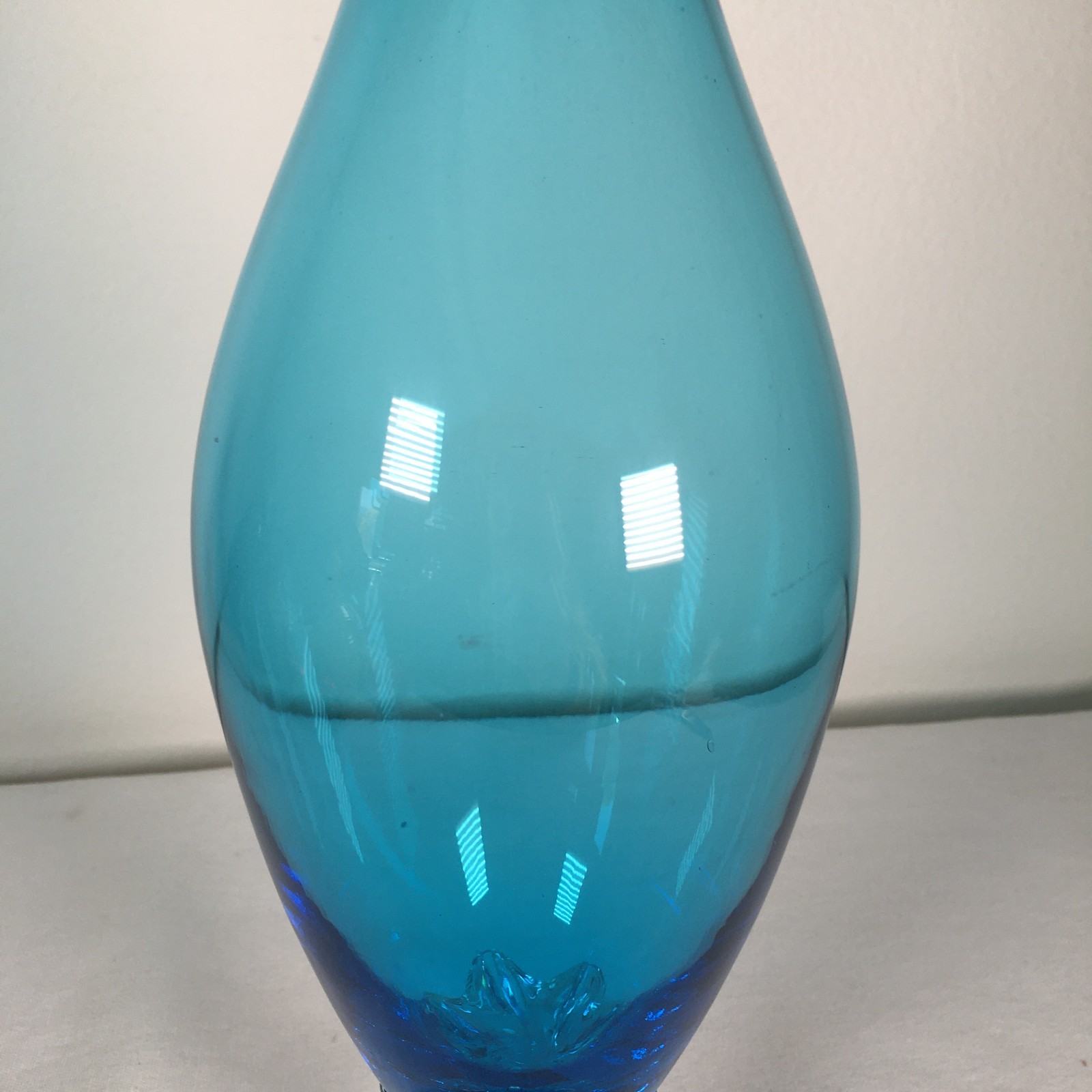 Vintage MCM Empoli Turquoise Glass Decanter w/Clear Flame Glass Stopper 20"