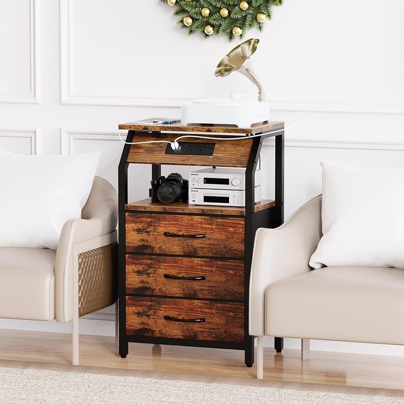 Compact Night Stand W/ USB Ports LED Light Table Bedroom Storage Solution