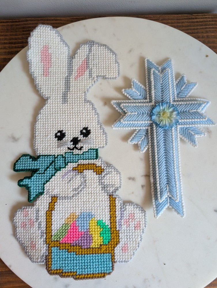 Vintage Handmade Needlepoint Easter Bunny & Cross Magnet Set Craft Spring Decor