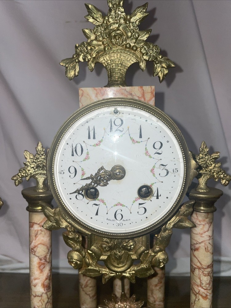 French Marble and Ormulo 5 Column Portico Clock Selsi Paris Three Piece Set