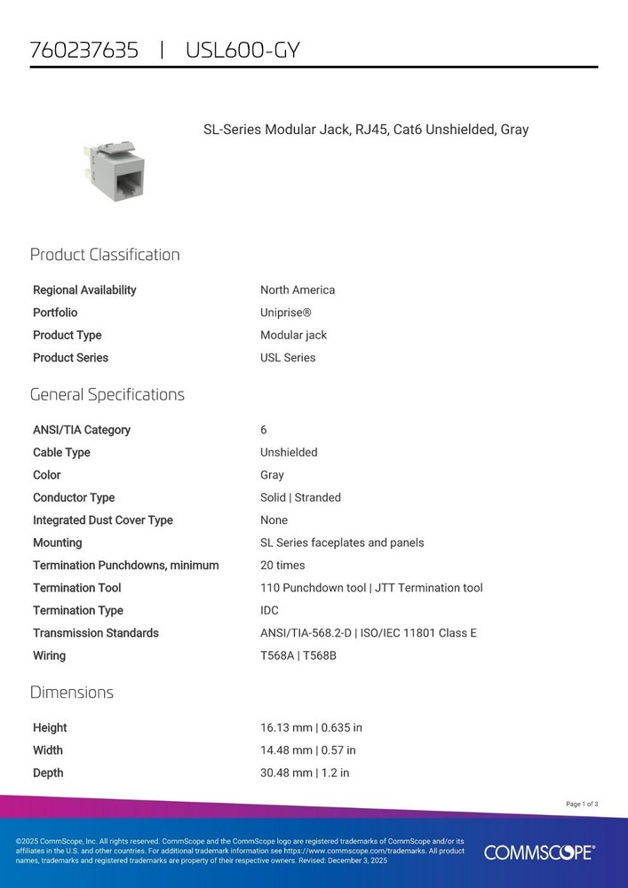 Commscope USL600-GRY Modular Jack Cat6 U/UTP