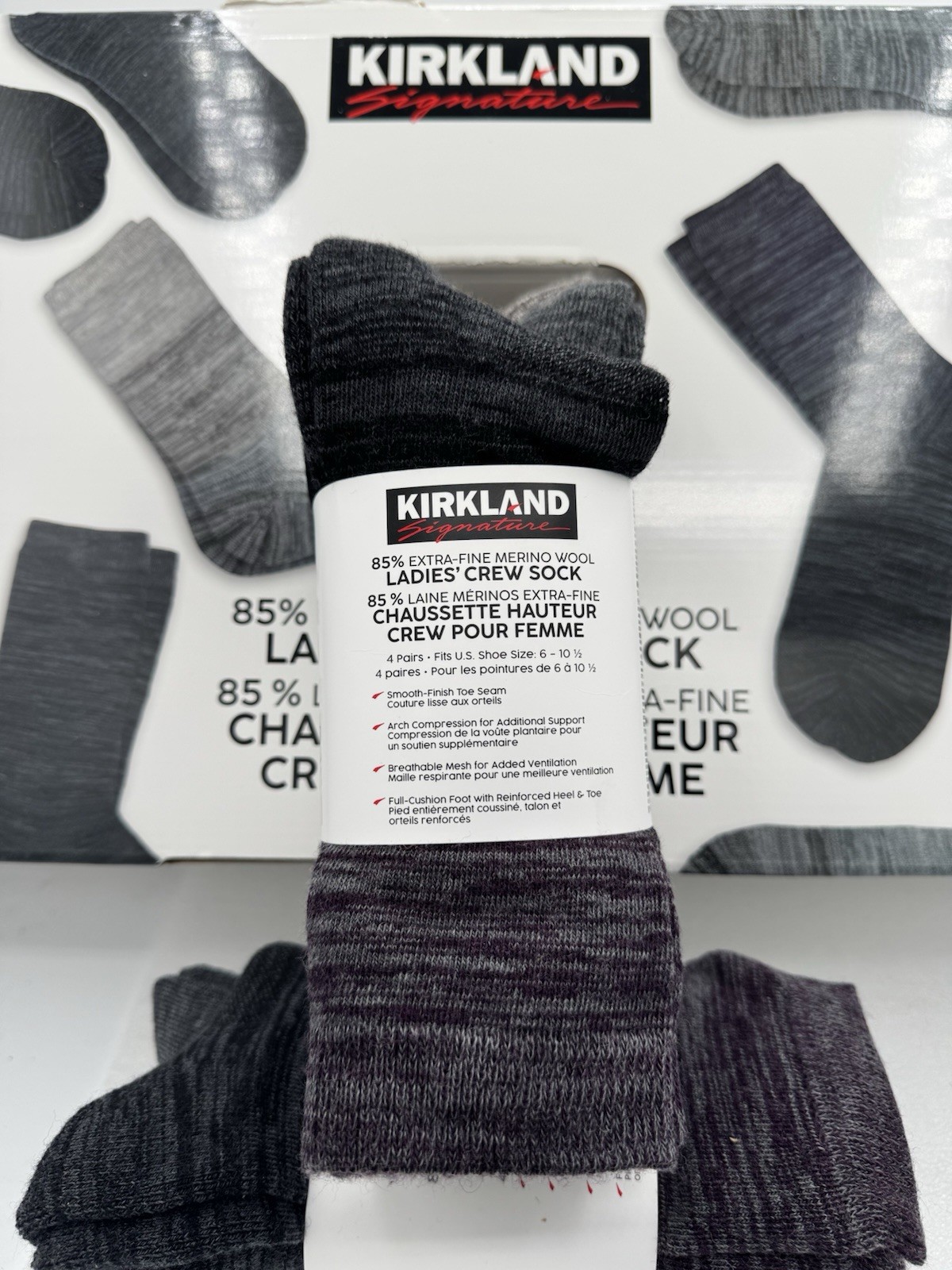 Kirkland Signature Merino Wool Crew Socks 4 Pairs Gray Black Beige US 6-10.5