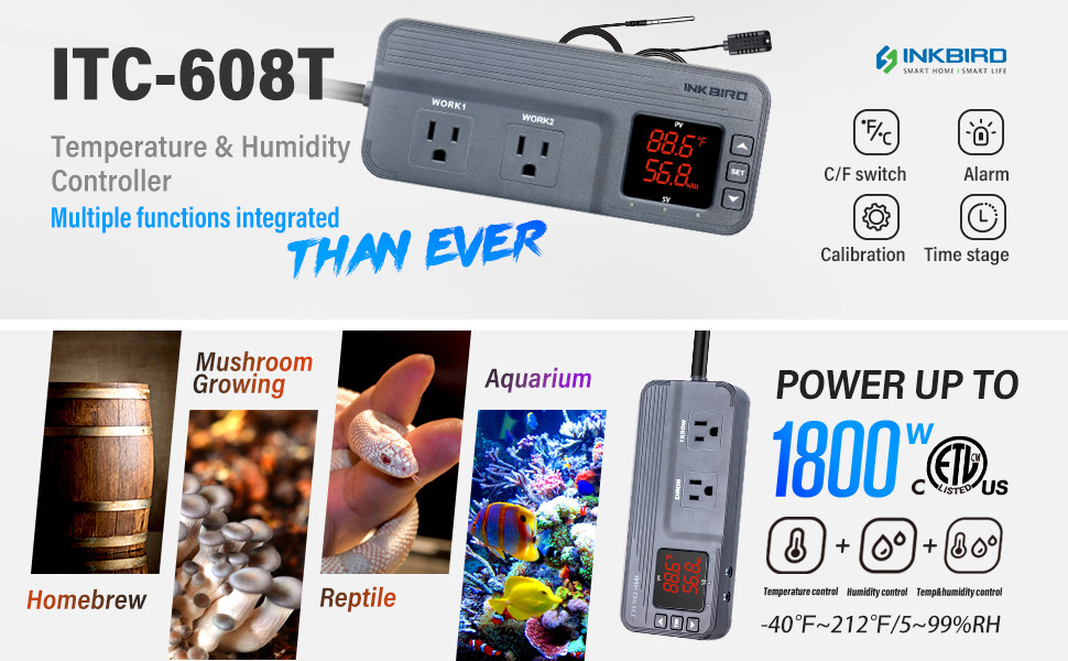 Inkbird 608T Digital Temperature Humidity Controller Greenhouse Grow Tent 110V