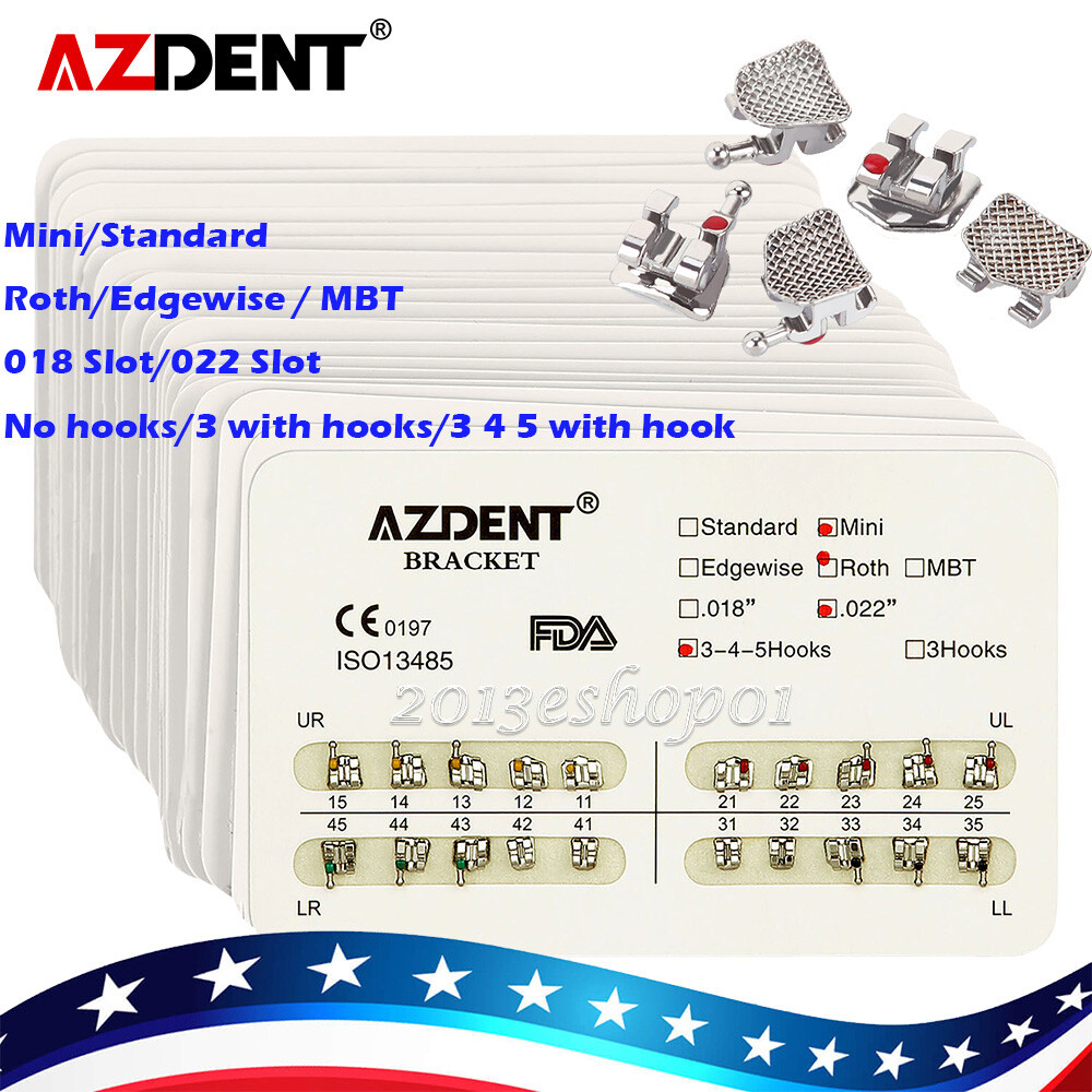 AZDENT Dental Ortho Metal Brackets Mini/Standard Roth/MBT 018/022 Hooks 3/3 4 5