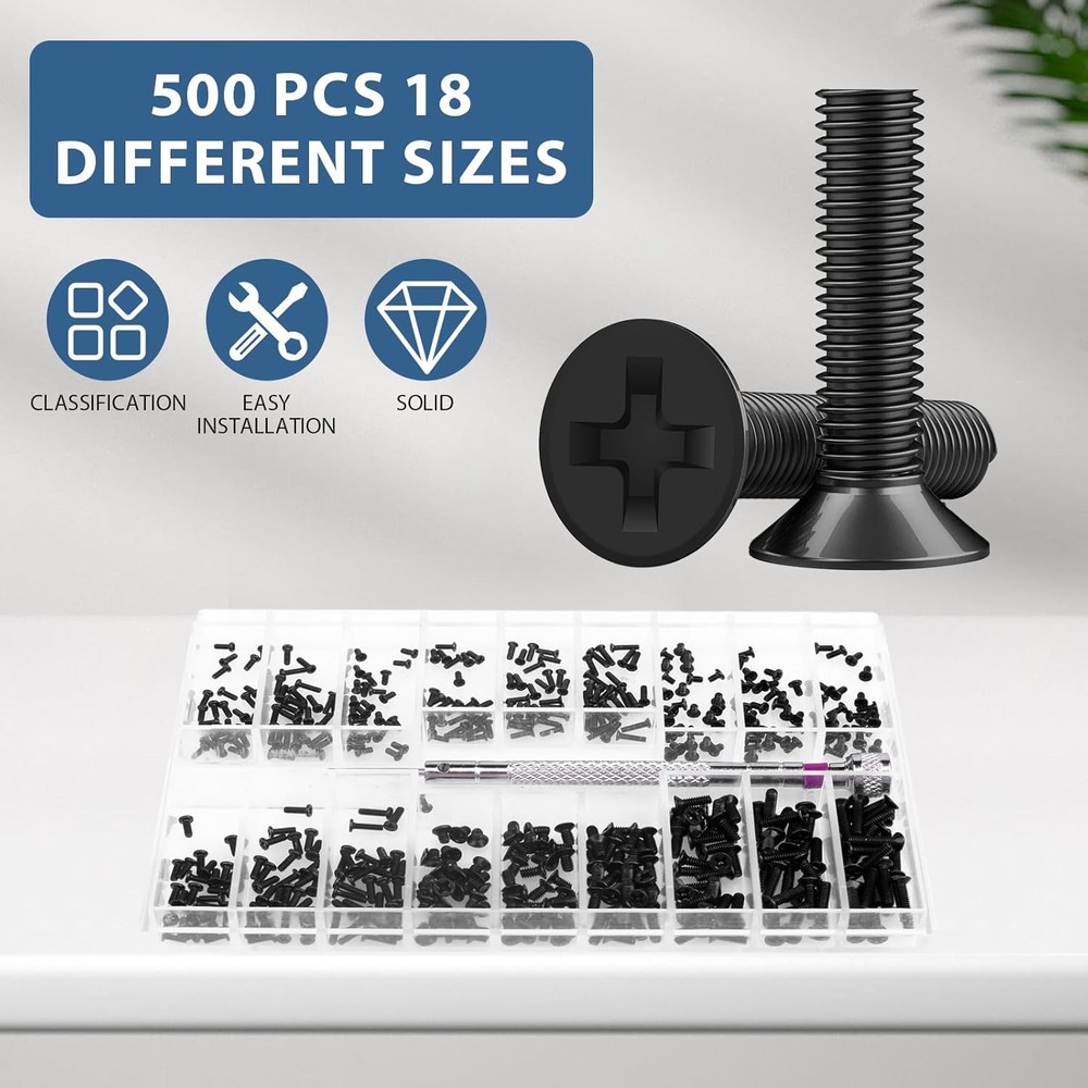 Small Screws Assortment Kit M1.2 / M1.4 / M2.0 Tiny Micro Screws Set Black 500pc