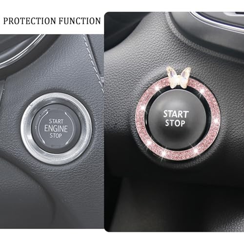 2PCS Car Engine Push Start Button Cover Decoration Ring,Bling Butterfly Pink