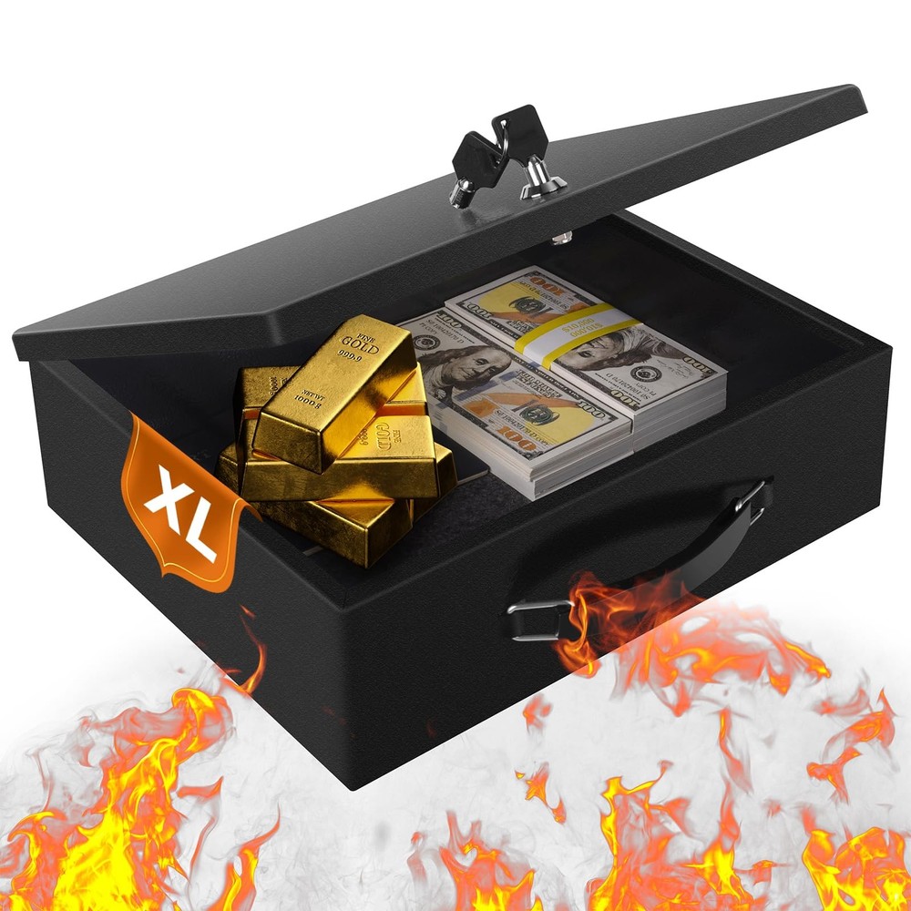 Fireproof Document Box, Fire Resistant Safe Box with Key XL+key, Black XL+Key
