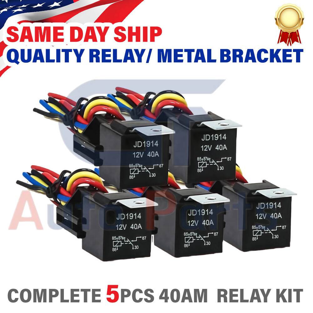 5 Pack 12V 30/40 Amp 4-Pin SPST Automotive Relay with Wires Harness Socket Set