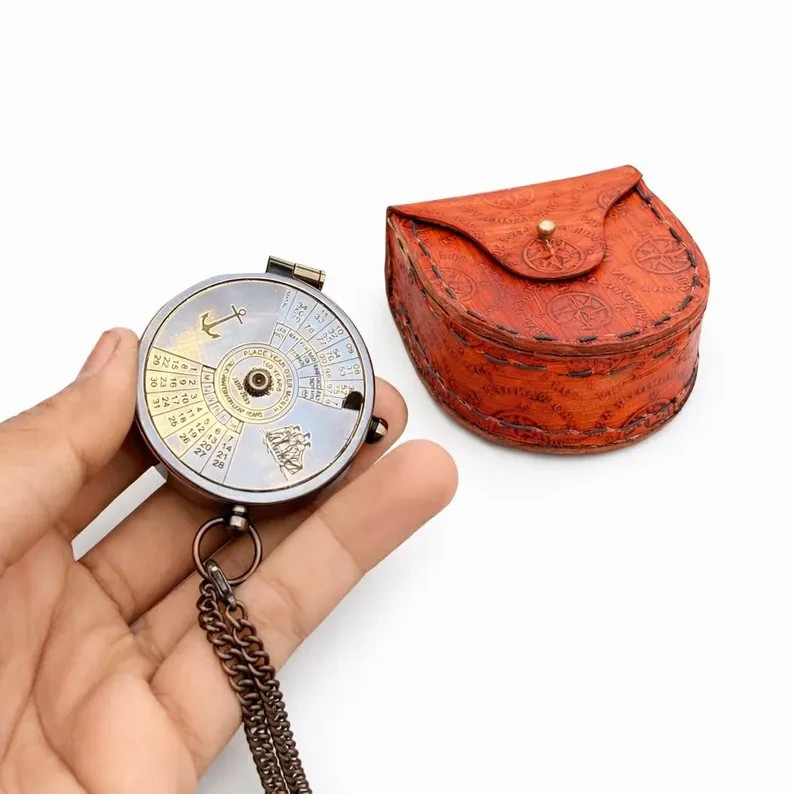 Brass Calendar Compass with Leather Case | Nautical Gift
