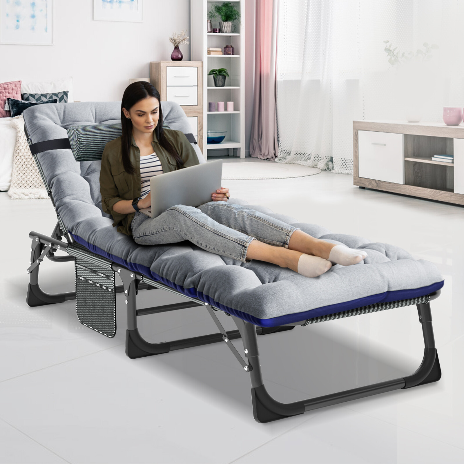 Folding Reclining Cot Outdoor Beach Patio Chaise Lounge Chair Pool With Blue Pad