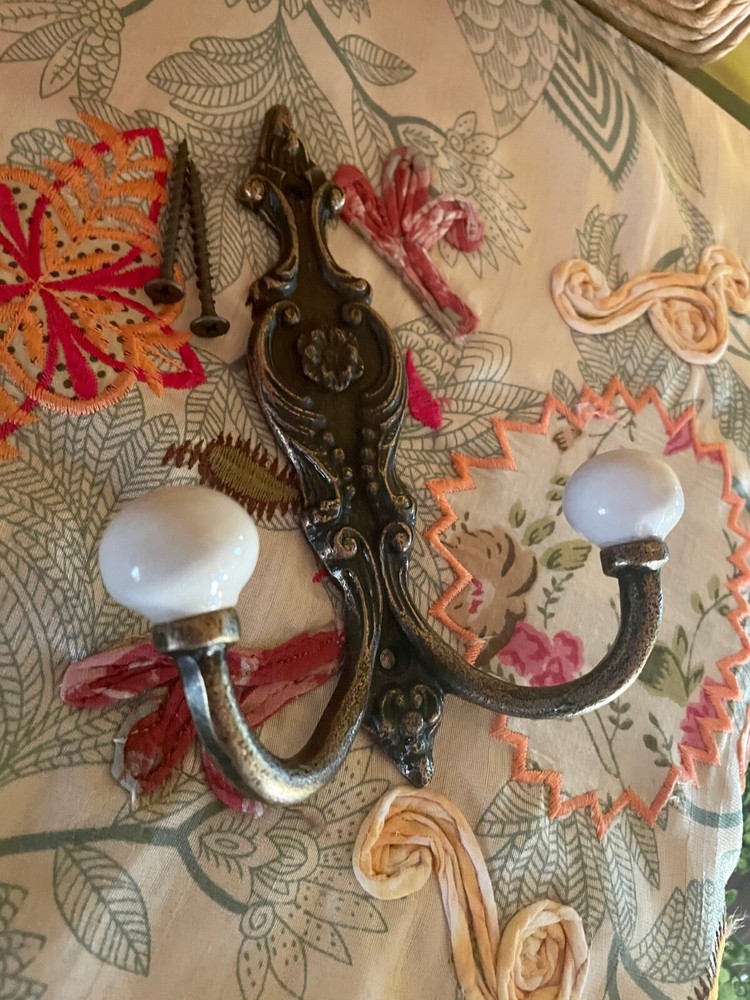 Old Bath Robe Coat Hook Hall Mirror Fancy Decorated Solid Brass Porcelain Knobs