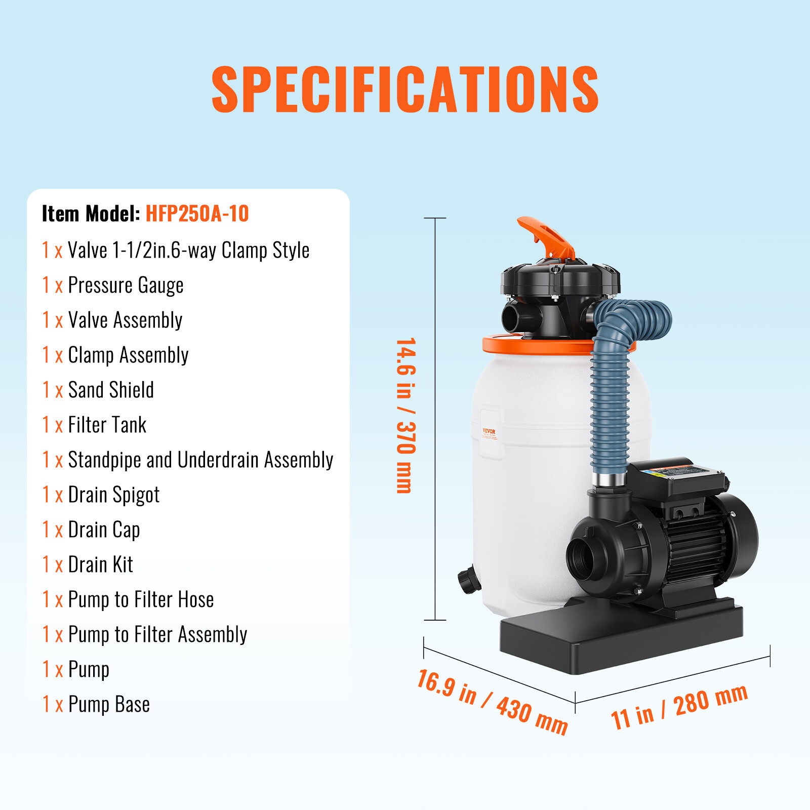 10" Sand Filter Above Ground with 1/3HP Pool Pump 1585GPH Flow 6-Way Valve