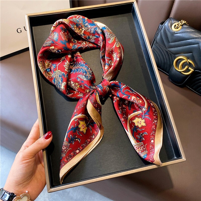 100% Mulberry Silk 27" Square Scarf Women Neckerchief Wrap Vintage Red Flower