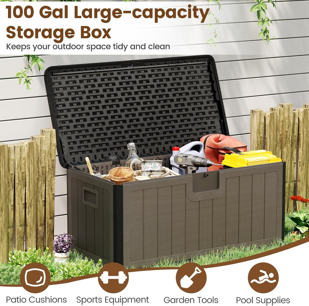 100 Gallon Waterproof Deck Box with Lockable Lid for Outdoor Storage