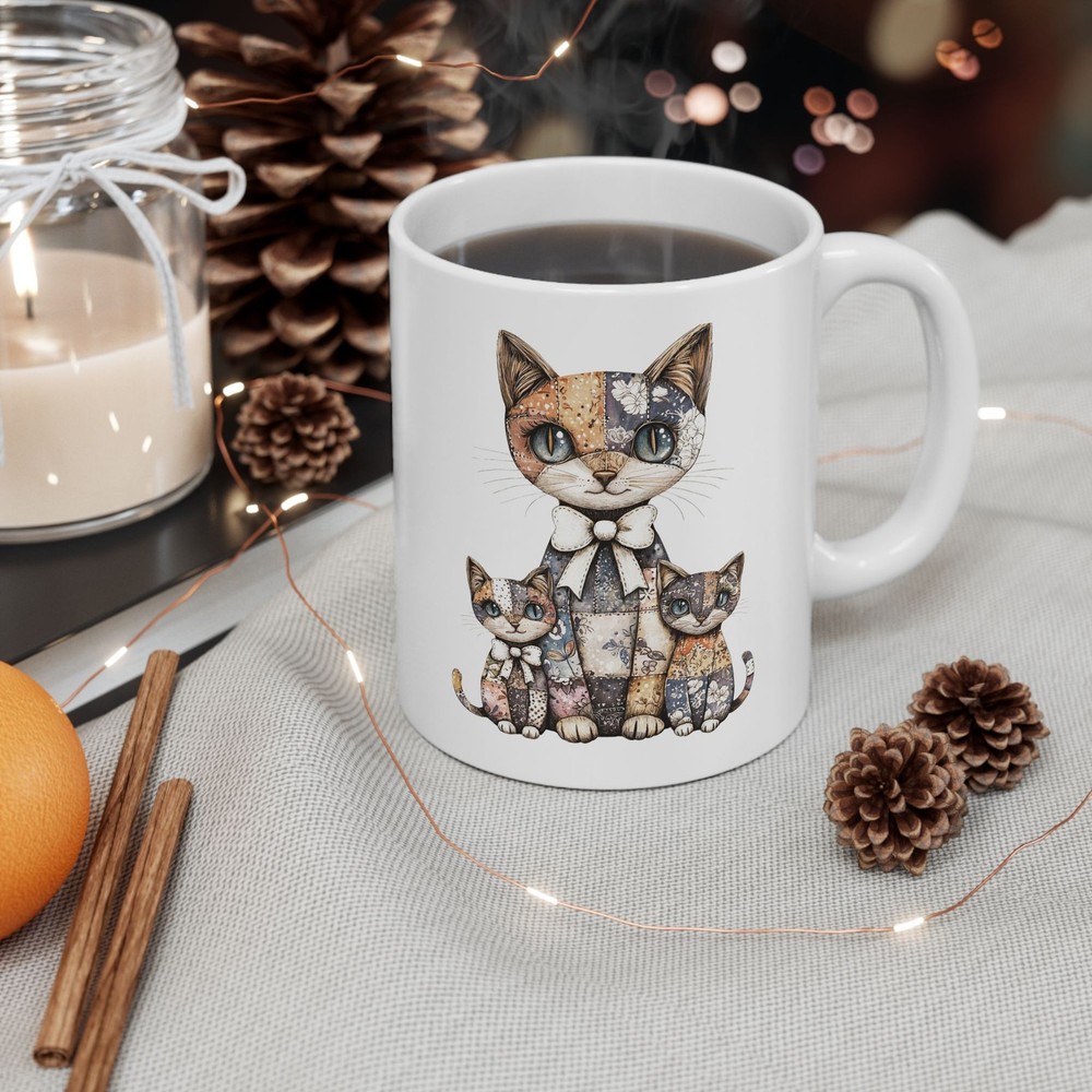 Patchwork Cat Mug Cat Patchwork Art Gift Cute Coffee Cup for Women