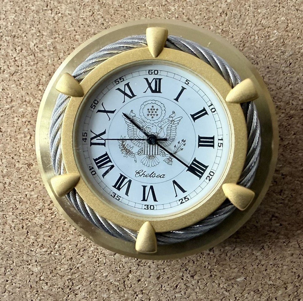 Chelsea Clock Solid Brass Cable Paperweight Clock W/American Eagle - RARE