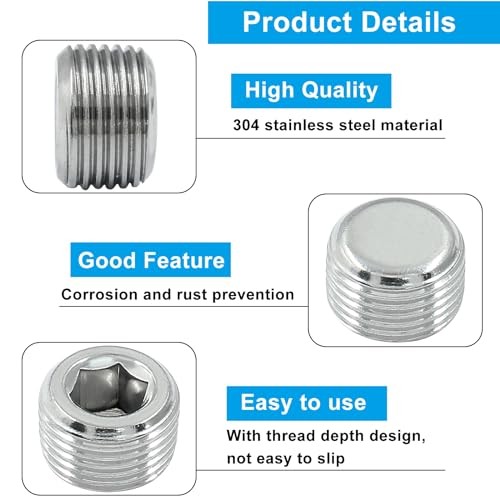 3 Pack 3/8" PT Male Inner Hex Head Thread Plug Pipe Fitting 304 Stainless
