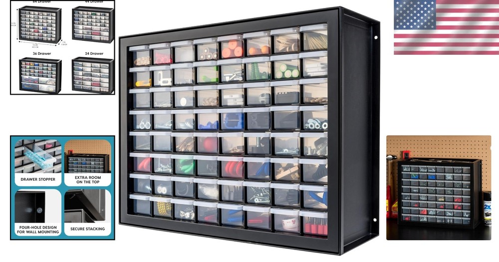 Stackable Hardware Storage Bin with 64 Drawers