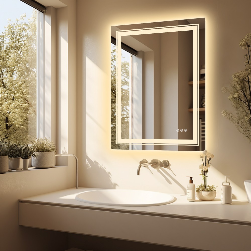 Large Lighted Bathroom Mirror Dimmable Fog Free Sensor Touch Vertical/Horizontal