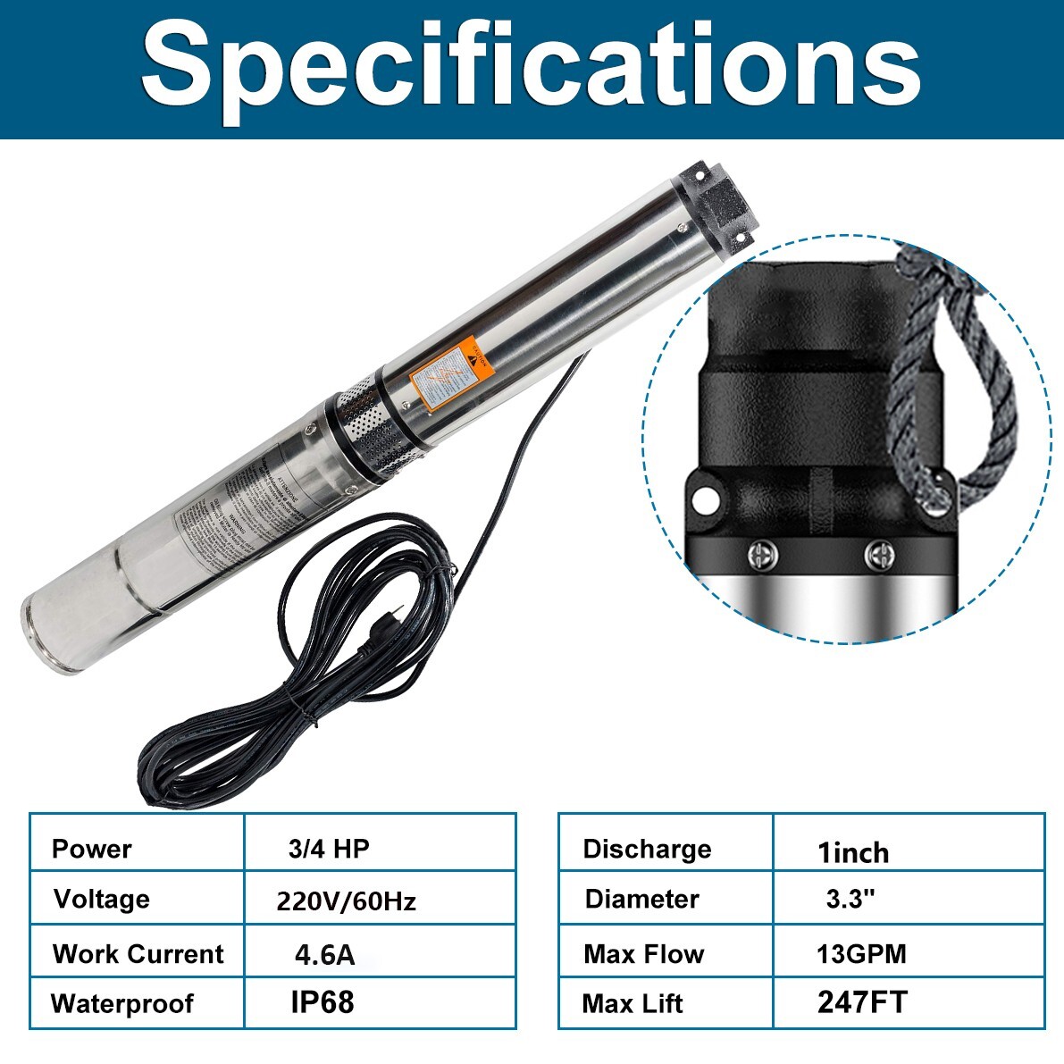 3" Deep Well Submersible Pump,3/4 HP ,220V, 13 GPM, 247 ft MAX,60Hz, 1 in NPT