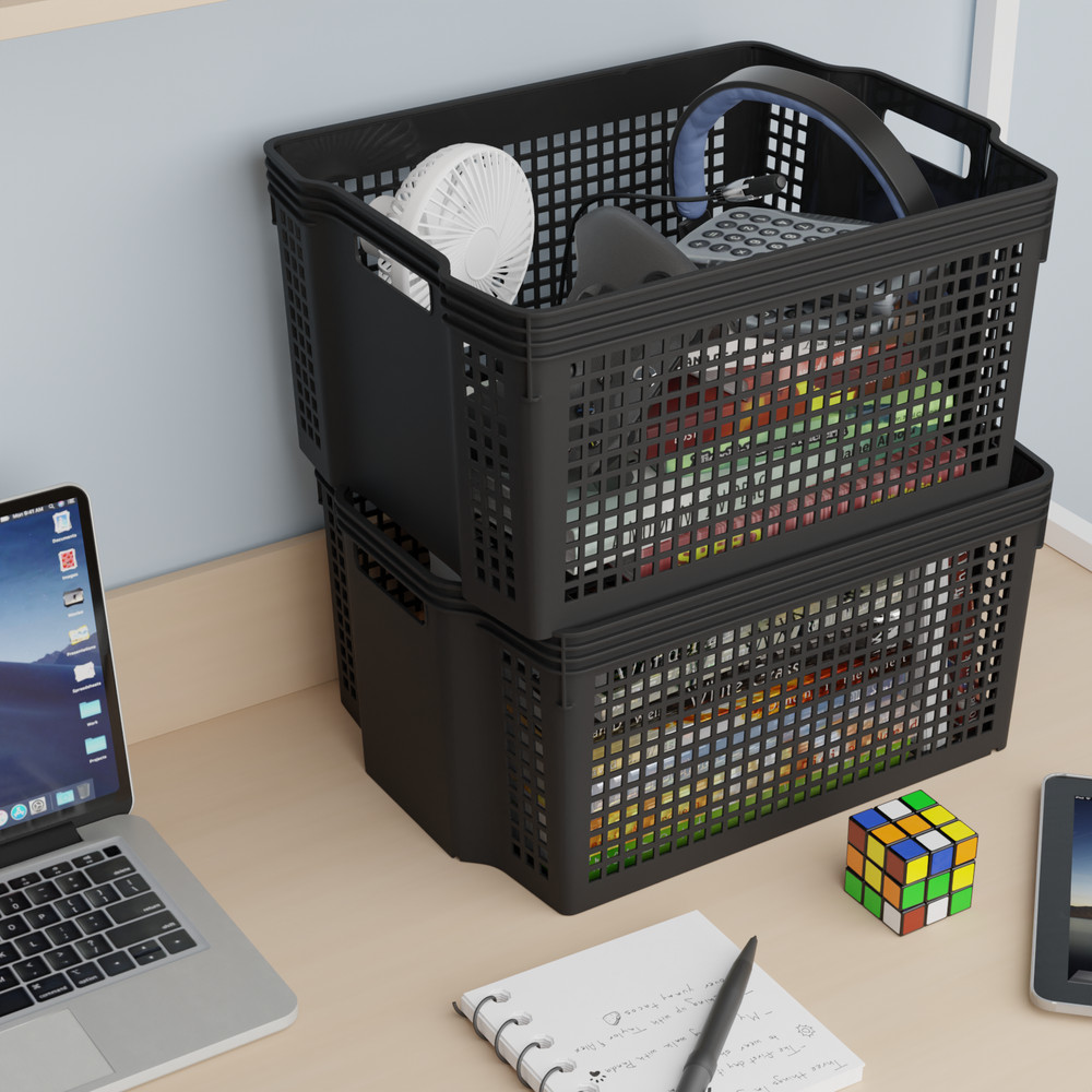 6 Pack Large Stackable Basket, Plastic Woven Basket Organizer, Black